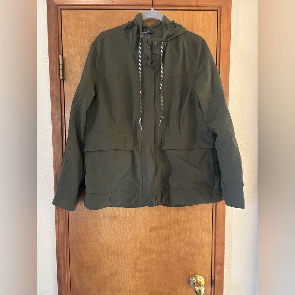 Olive Eddie Bauer raincoat Utility Jacket with Hood - Picture 2 of 8